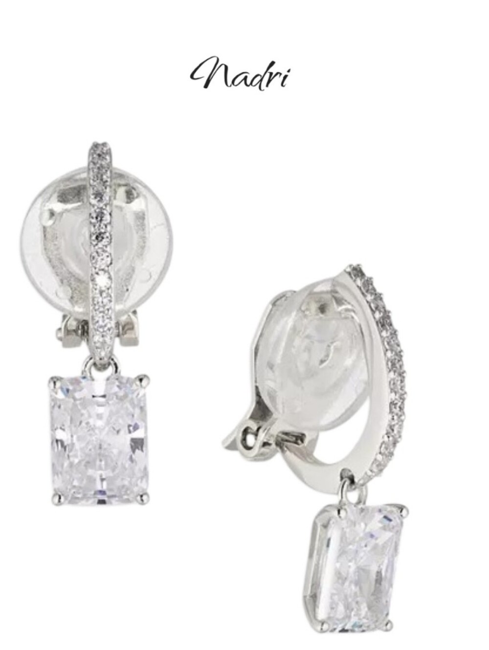 Nadri Modern Love Emerald Cut CZ Drop Earrings Silver Rhodium Clip On